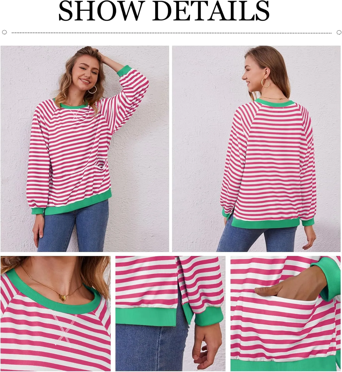 Womens Long Sleeve Oversized Sweatshirt Striped Crewneck Casual Loose Pullover Tops with Pockets