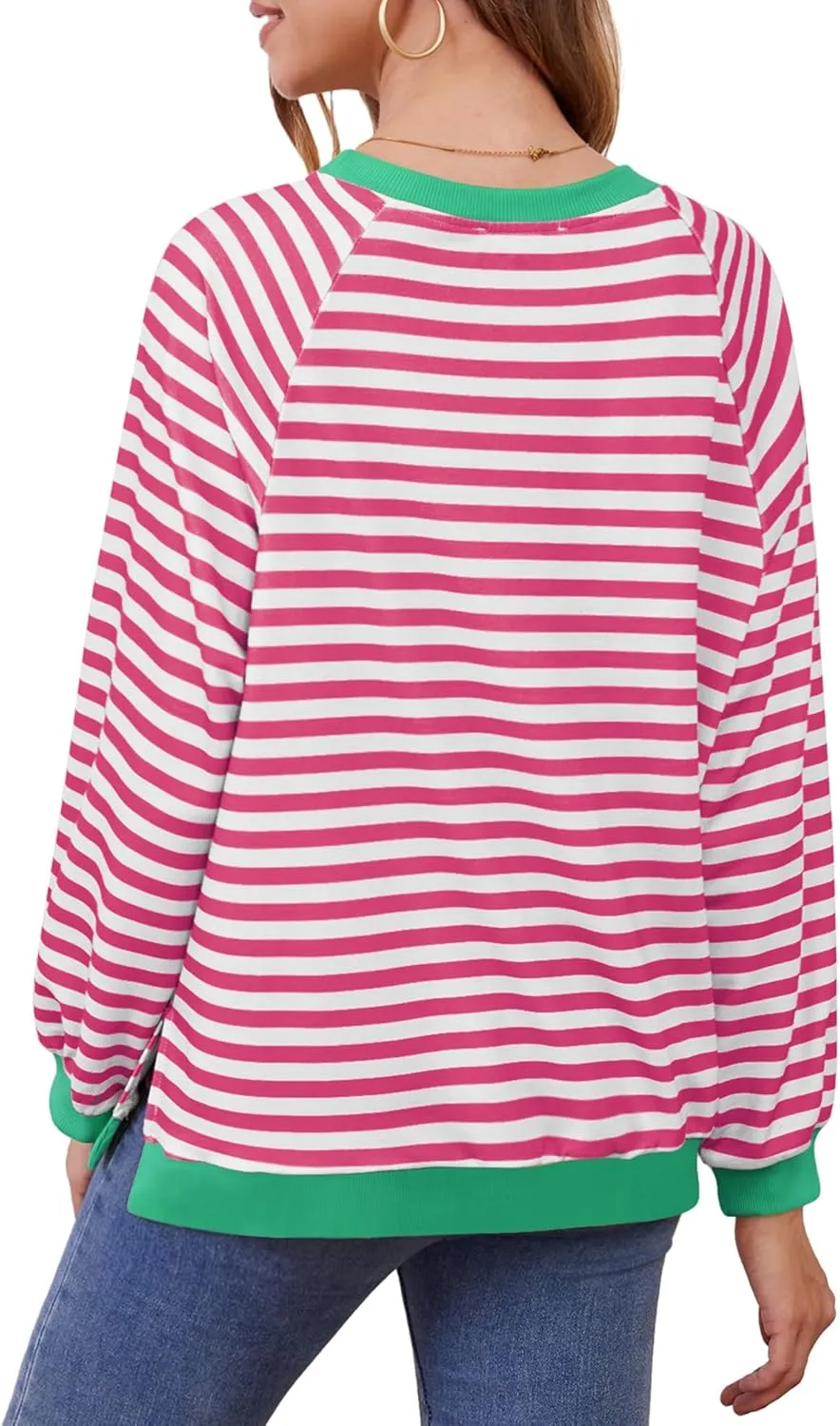 Womens Long Sleeve Oversized Sweatshirt Striped Crewneck Casual Loose Pullover Tops with Pockets