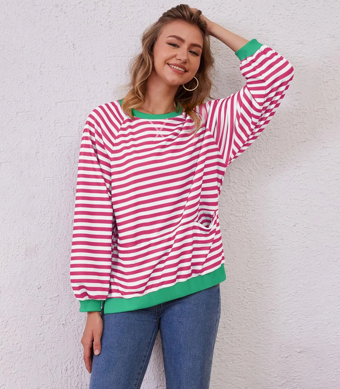Womens Long Sleeve Oversized Sweatshirt Striped Crewneck Casual Loose Pullover Tops with Pockets