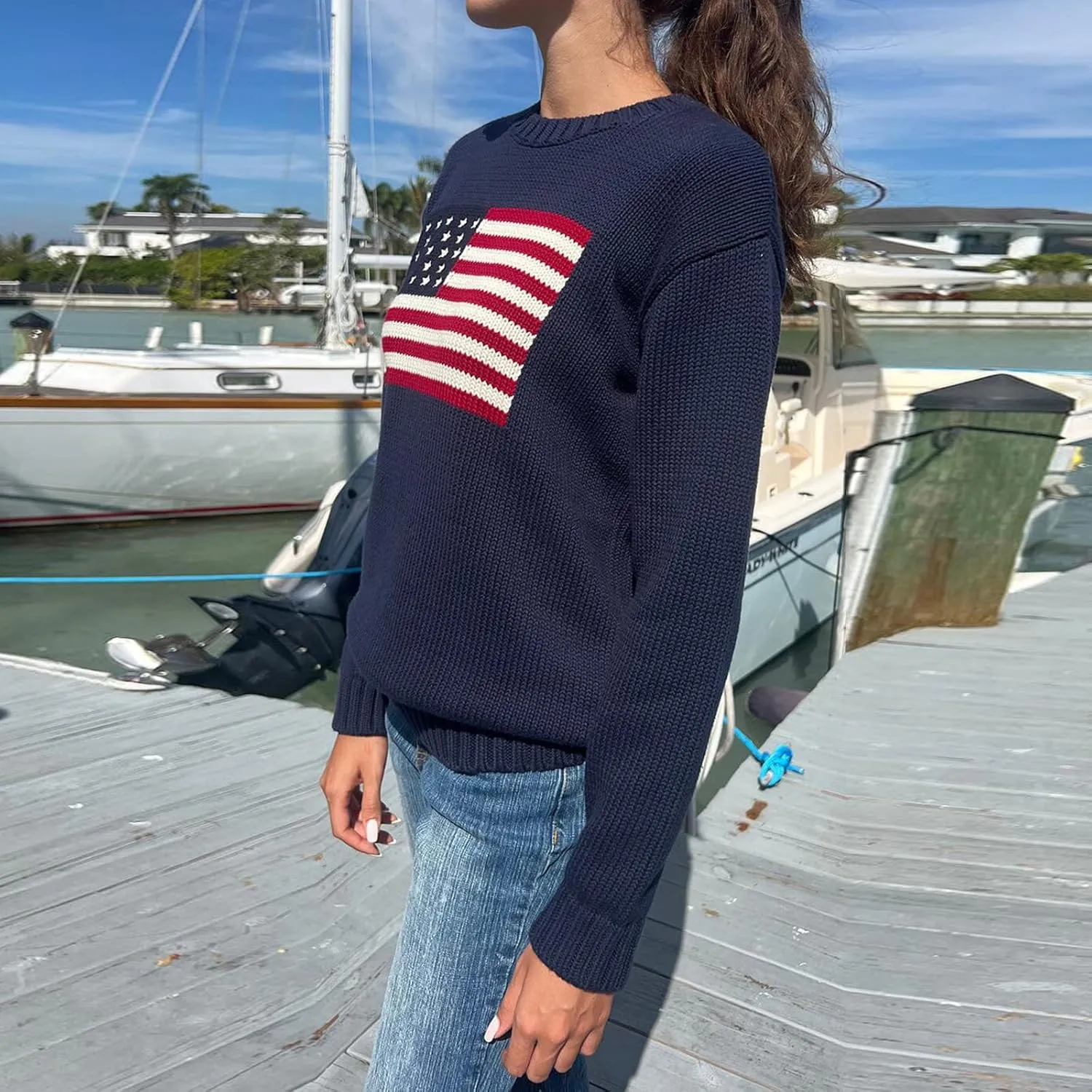 Women's Long Sweaters Flag Pattern Round Neck Baggy Pullover Ribbed Loose Knitted Top Casual Streetwear