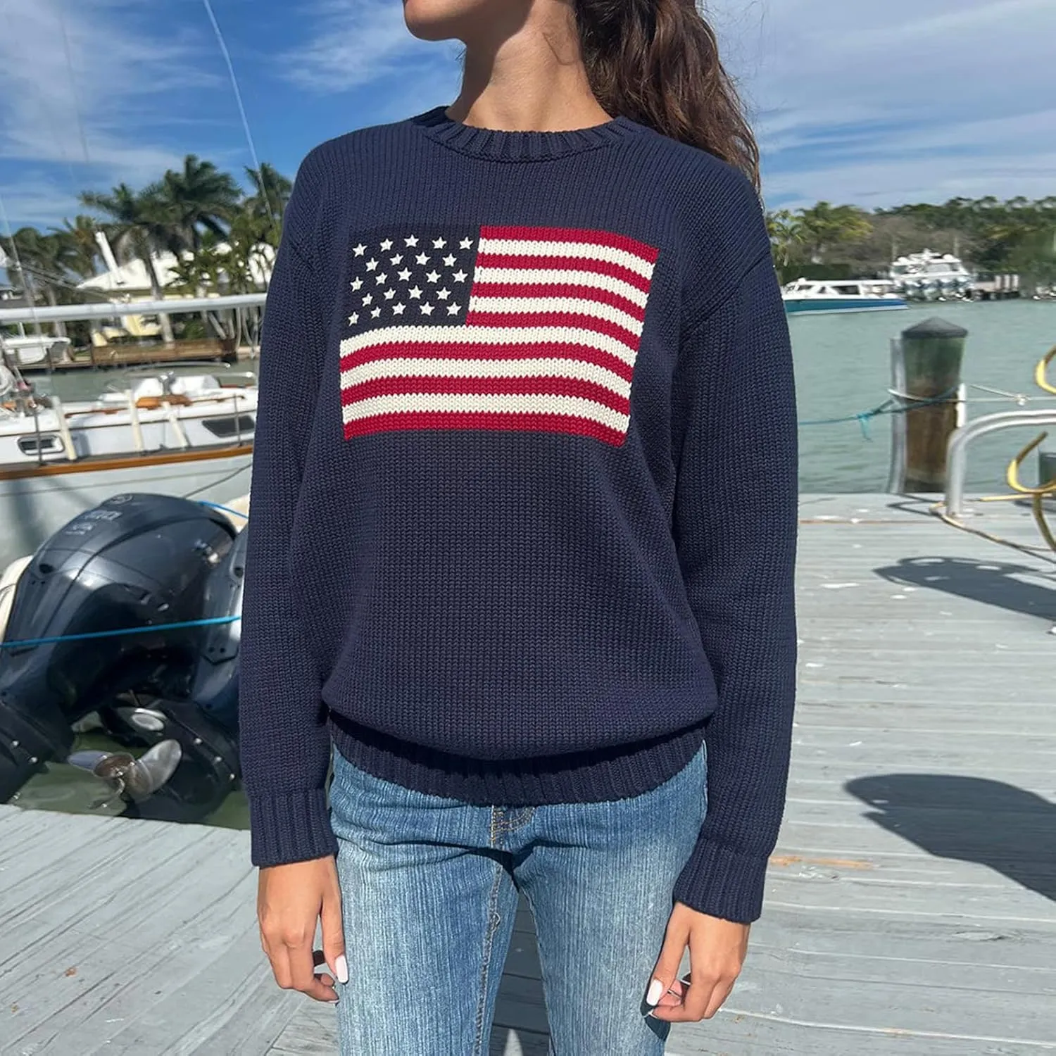 Women's Long Sweaters Flag Pattern Round Neck Baggy Pullover Ribbed Loose Knitted Top Casual Streetwear