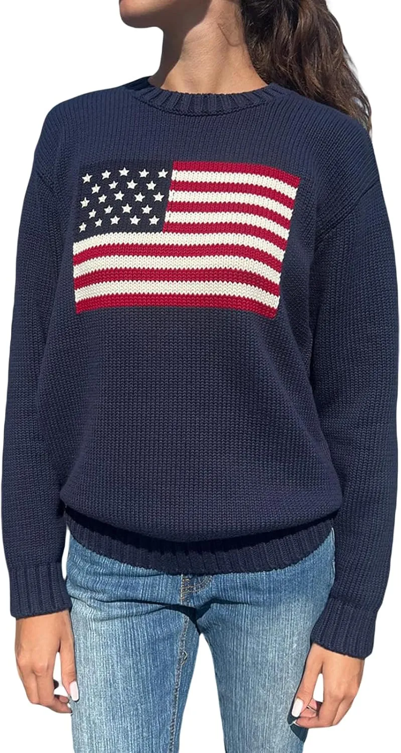 Women's Long Sweaters Flag Pattern Round Neck Baggy Pullover Ribbed Loose Knitted Top Casual Streetwear