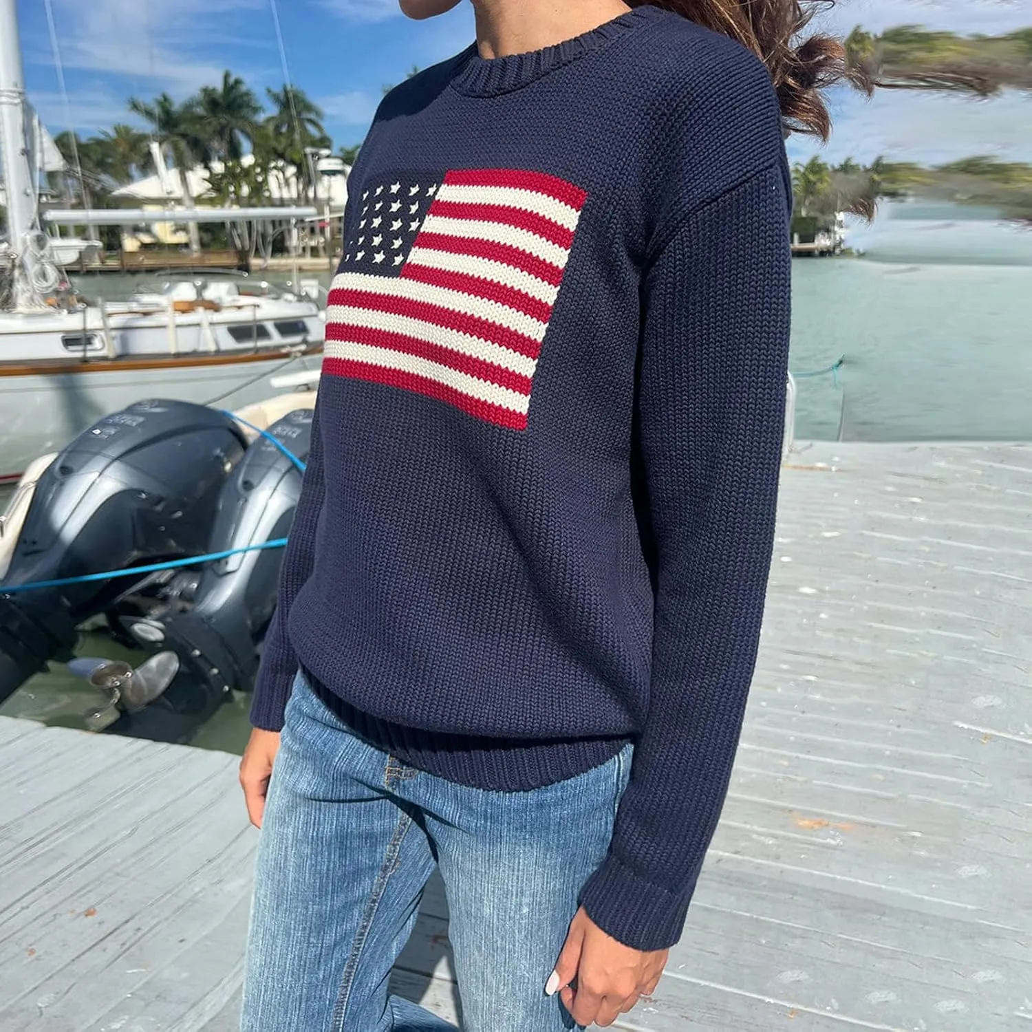 Women's Long Sweaters Flag Pattern Round Neck Baggy Pullover Ribbed Loose Knitted Top Casual Streetwear