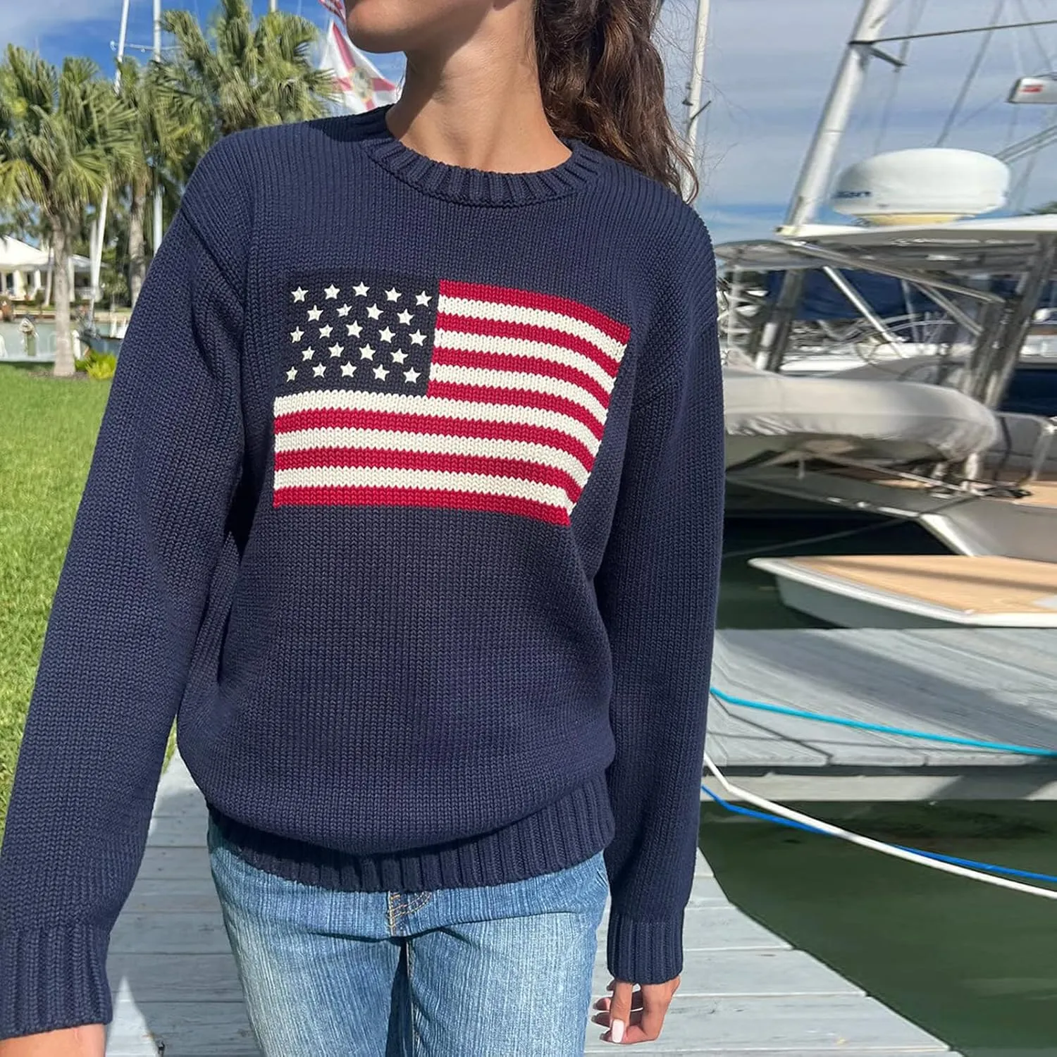 Women's Long Sweaters Flag Pattern Round Neck Baggy Pullover Ribbed Loose Knitted Top Casual Streetwear
