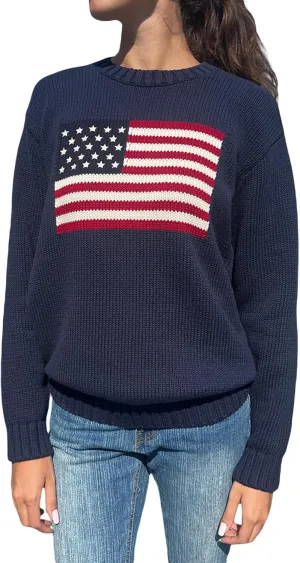 Women's Long Sweaters Flag Pattern Round Neck Baggy Pullover Ribbed Loose Knitted Top Casual Streetwear