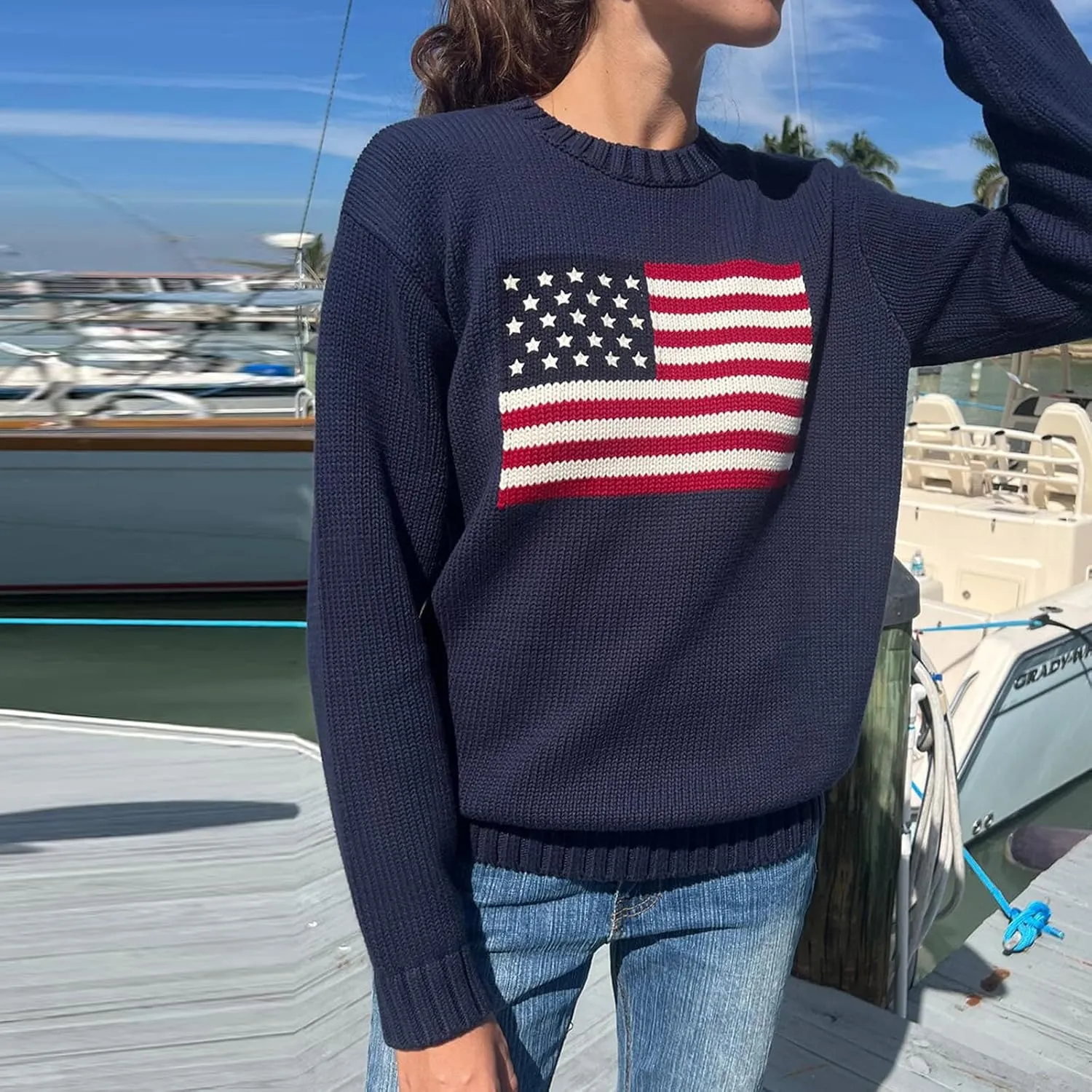 Women's Long Sweaters Flag Pattern Round Neck Baggy Pullover Ribbed Loose Knitted Top Casual Streetwear