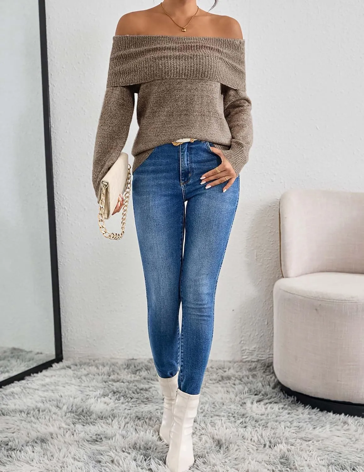 Womens Loose Off The Shoulder Sweater Spring 2025 Trendy Sexy Ladies Dressy Casual Outfits Ribbed Knit Pullover Top