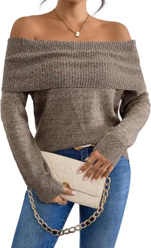 Womens Loose Off The Shoulder Sweater Spring 2025 Trendy Sexy Ladies Dressy Casual Outfits Ribbed Knit Pullover Top