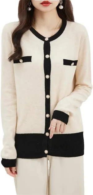 Women's Merino Wool Cardigan Sweater Fall Winter O Neck Warm Long Sleeve Knit Cardigan