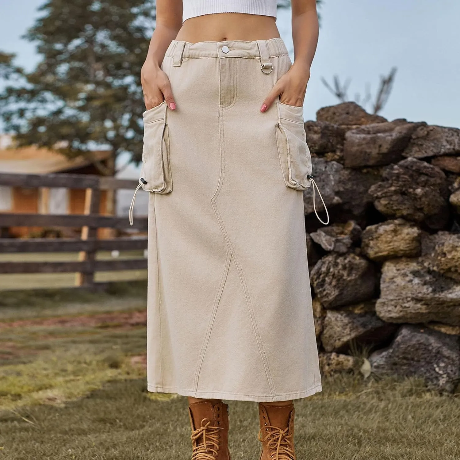Women's Military Denim Skirt Casual Elastic High Waist Split Midi Bodycon Cargo Jean Skirt with Side Two Pockets