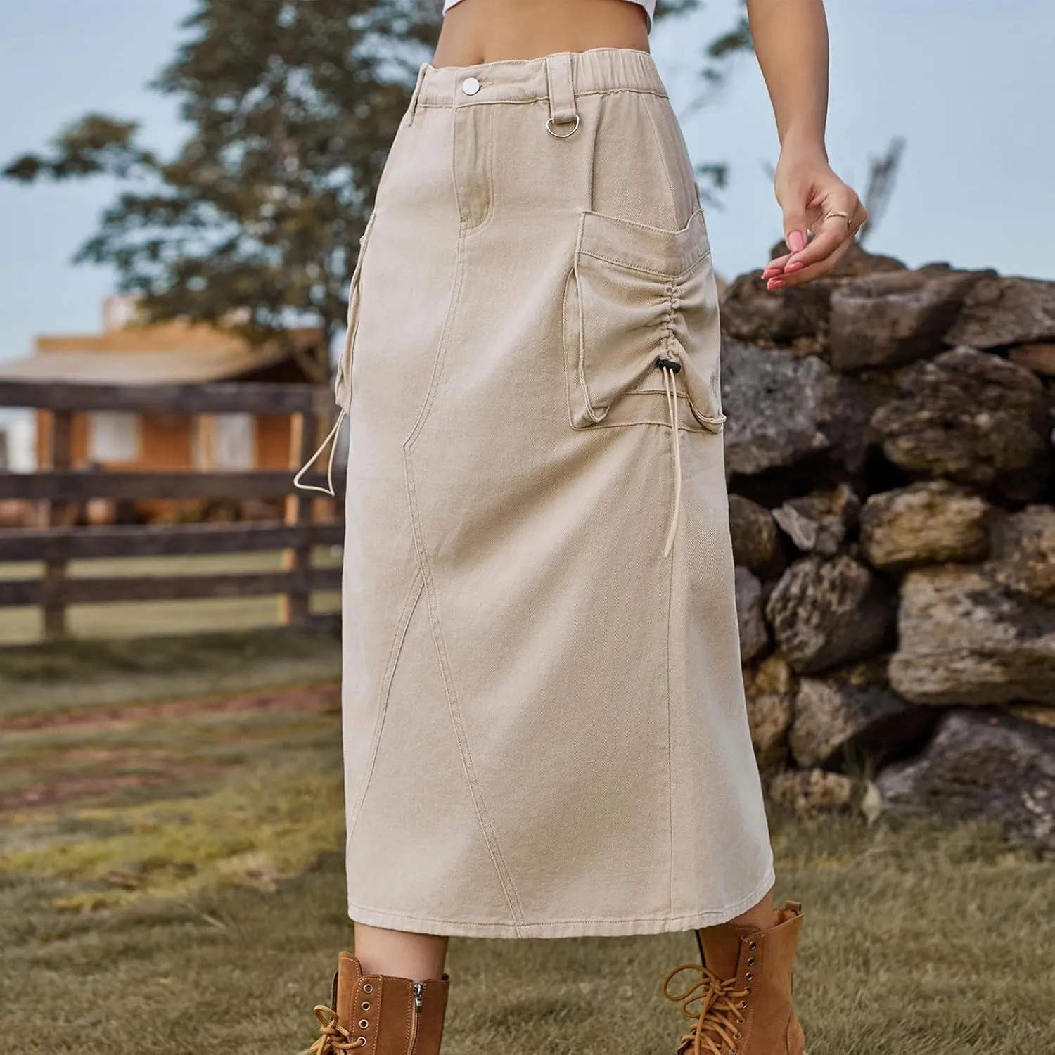 Women's Military Denim Skirt Casual Elastic High Waist Split Midi Bodycon Cargo Jean Skirt with Side Two Pockets