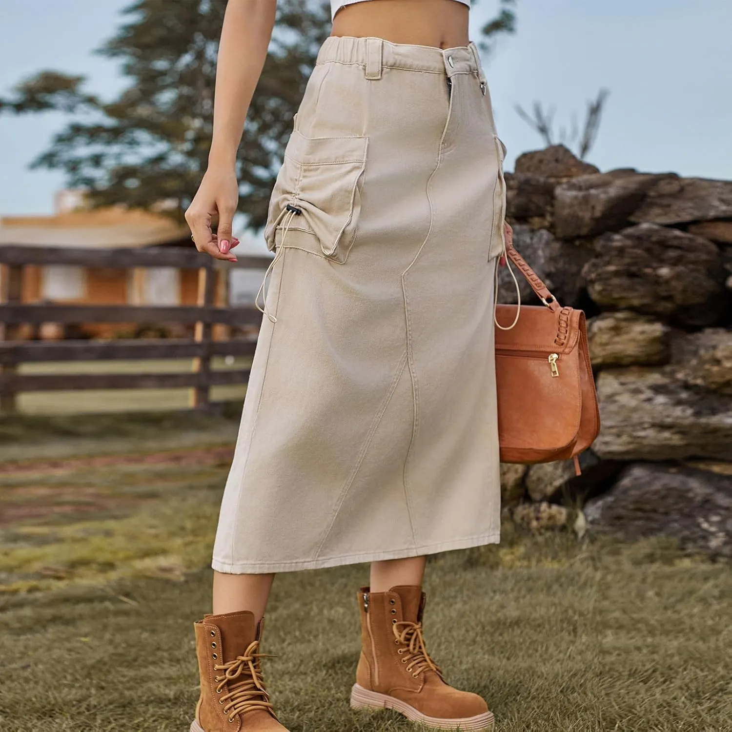 Women's Military Denim Skirt Casual Elastic High Waist Split Midi Bodycon Cargo Jean Skirt with Side Two Pockets