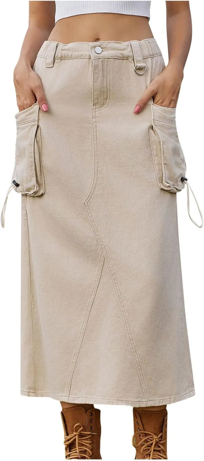 Women's Military Denim Skirt Casual Elastic High Waist Split Midi Bodycon Cargo Jean Skirt with Side Two Pockets