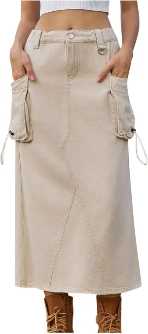 Women's Military Denim Skirt Casual Elastic High Waist Split Midi Bodycon Cargo Jean Skirt with Side Two Pockets
