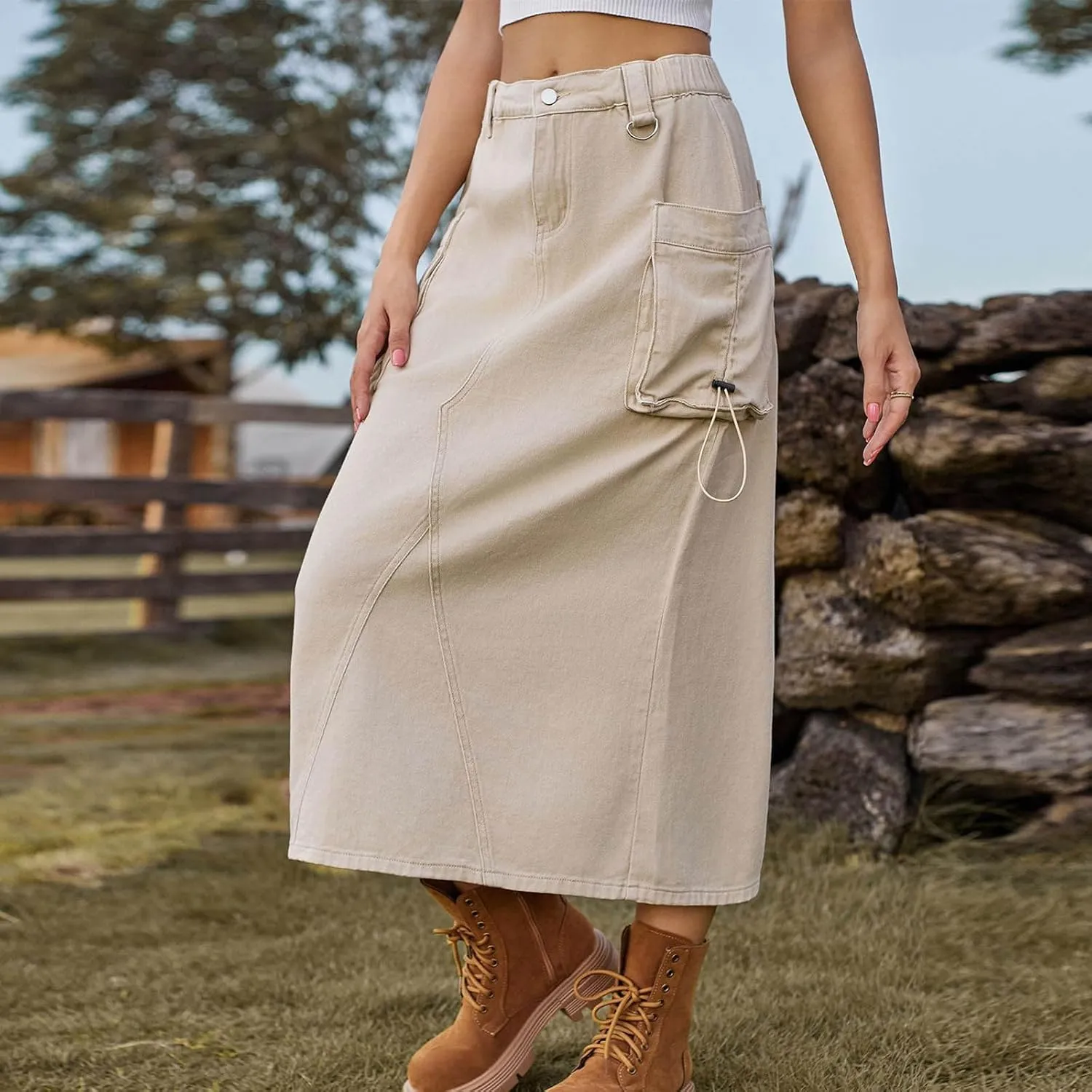 Women's Military Denim Skirt Casual Elastic High Waist Split Midi Bodycon Cargo Jean Skirt with Side Two Pockets