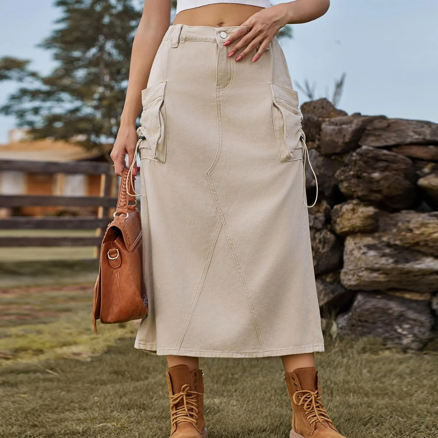 Women's Military Denim Skirt Casual Elastic High Waist Split Midi Bodycon Cargo Jean Skirt with Side Two Pockets