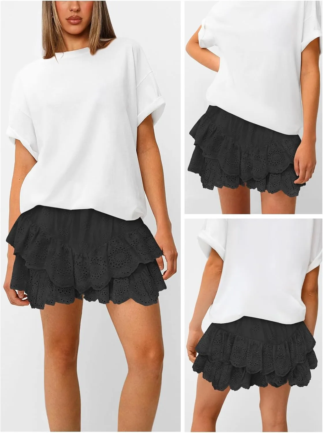 Women's Mini Skirts for Women High Waist Ruffle Skirt Smock Eyelet Solid A Line Summer Party Beach Short Skort