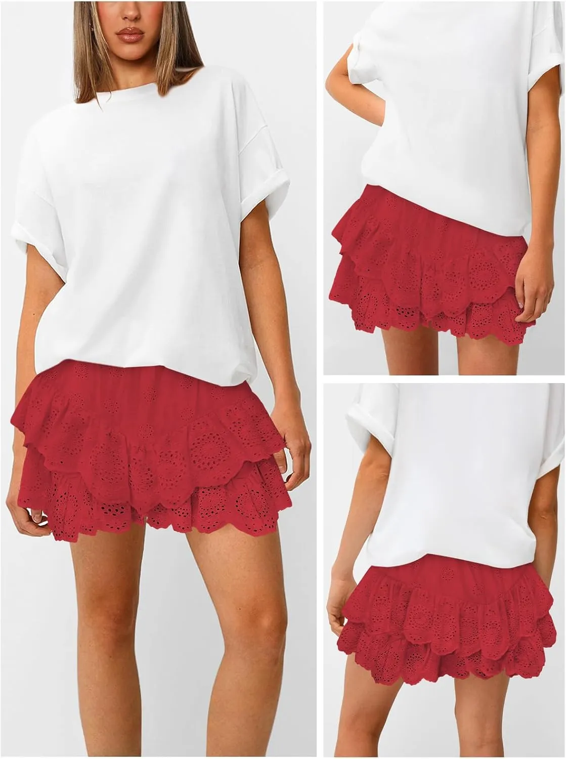 Women's Mini Skirts for Women High Waist Ruffle Skirt Smock Eyelet Solid A Line Summer Party Beach Short Skort