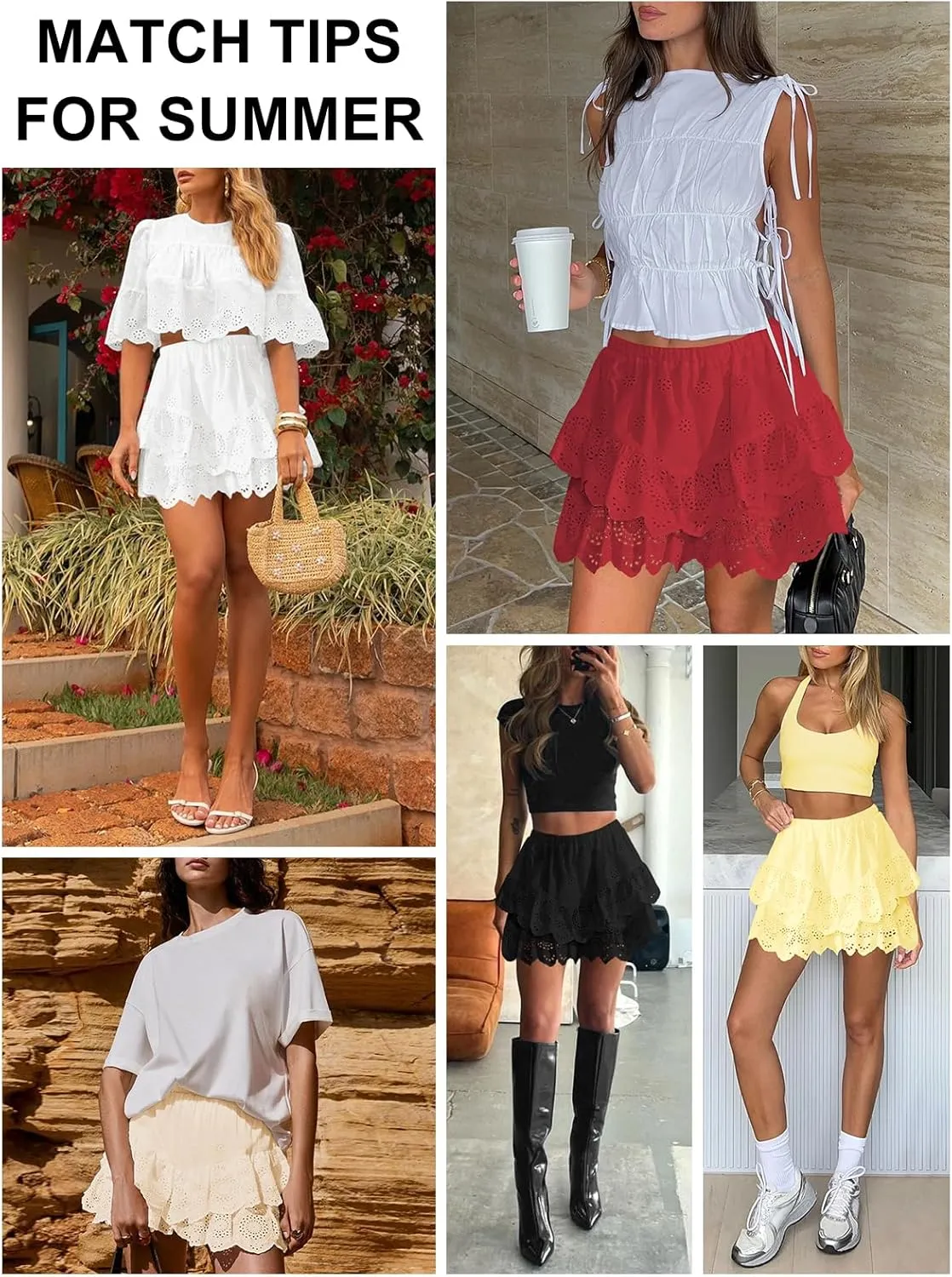 Women's Mini Skirts for Women High Waist Ruffle Skirt Smock Eyelet Solid A Line Summer Party Beach Short Skort