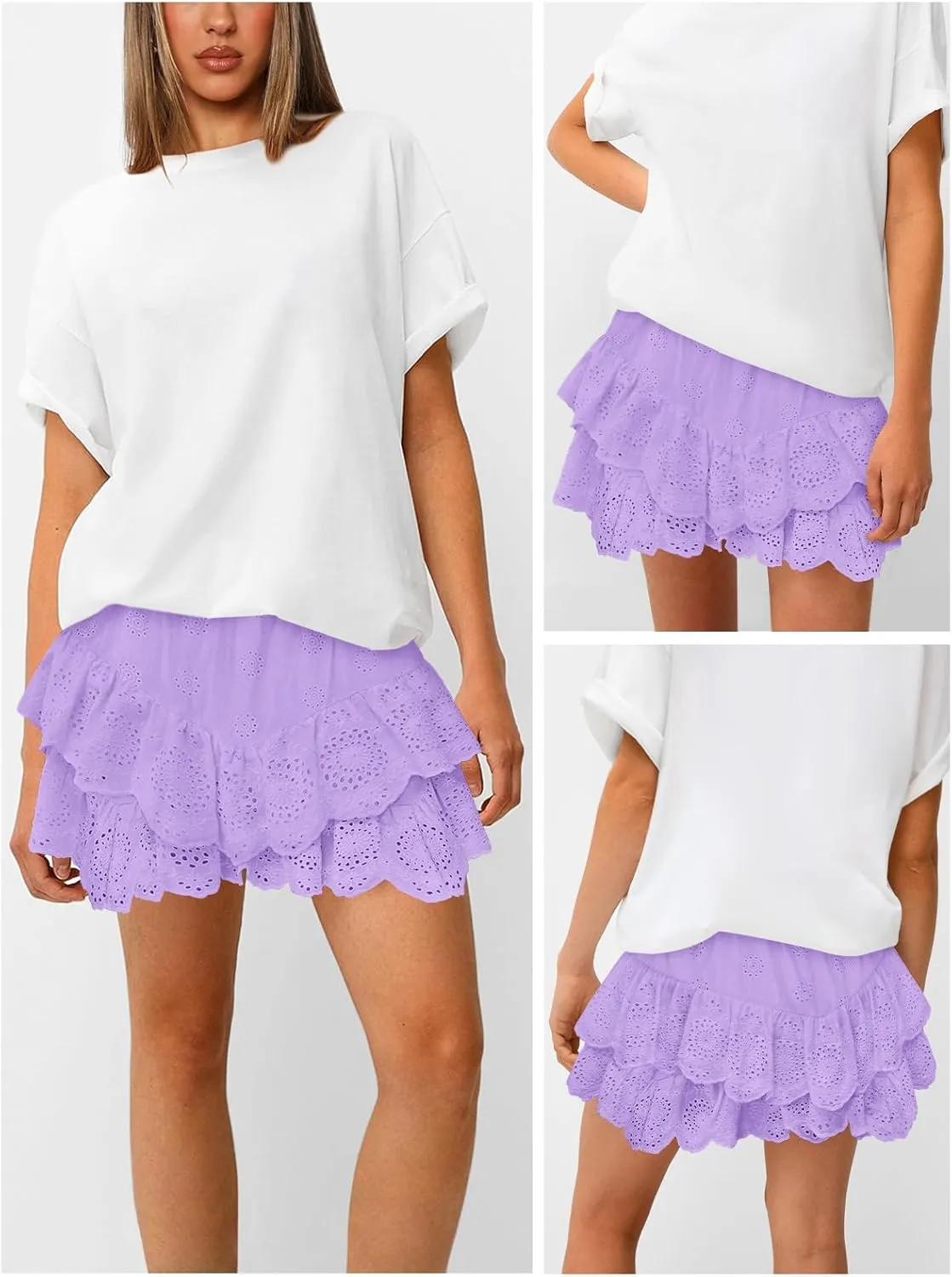 Women's Mini Skirts for Women High Waist Ruffle Skirt Smock Eyelet Solid A Line Summer Party Beach Short Skort