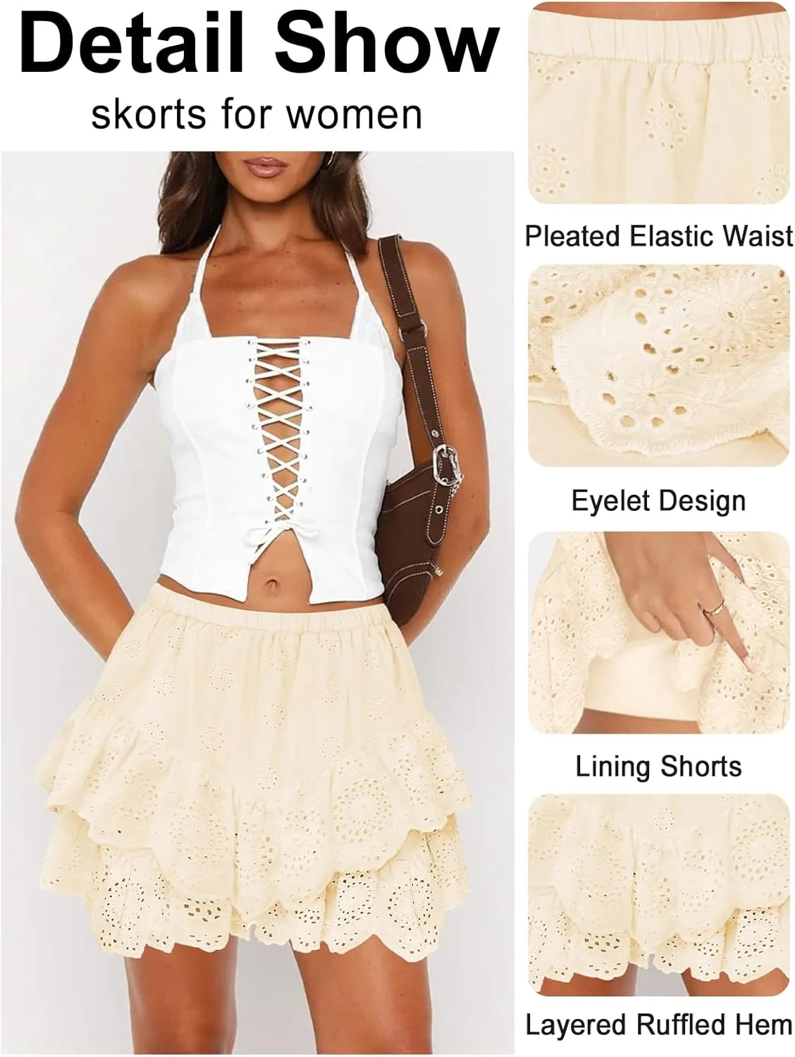 Women's Mini Skirts for Women High Waist Ruffle Skirt Smock Eyelet Solid A Line Summer Party Beach Short Skort