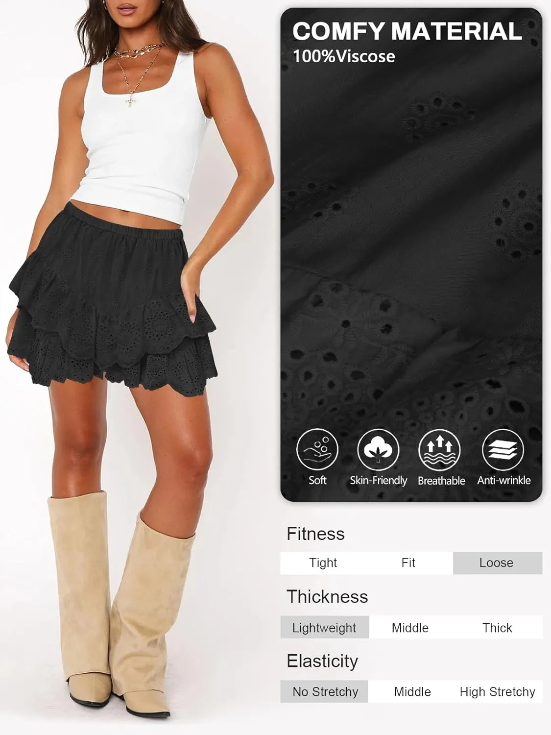 Women's Mini Skirts for Women High Waist Ruffle Skirt Smock Eyelet Solid A Line Summer Party Beach Short Skort