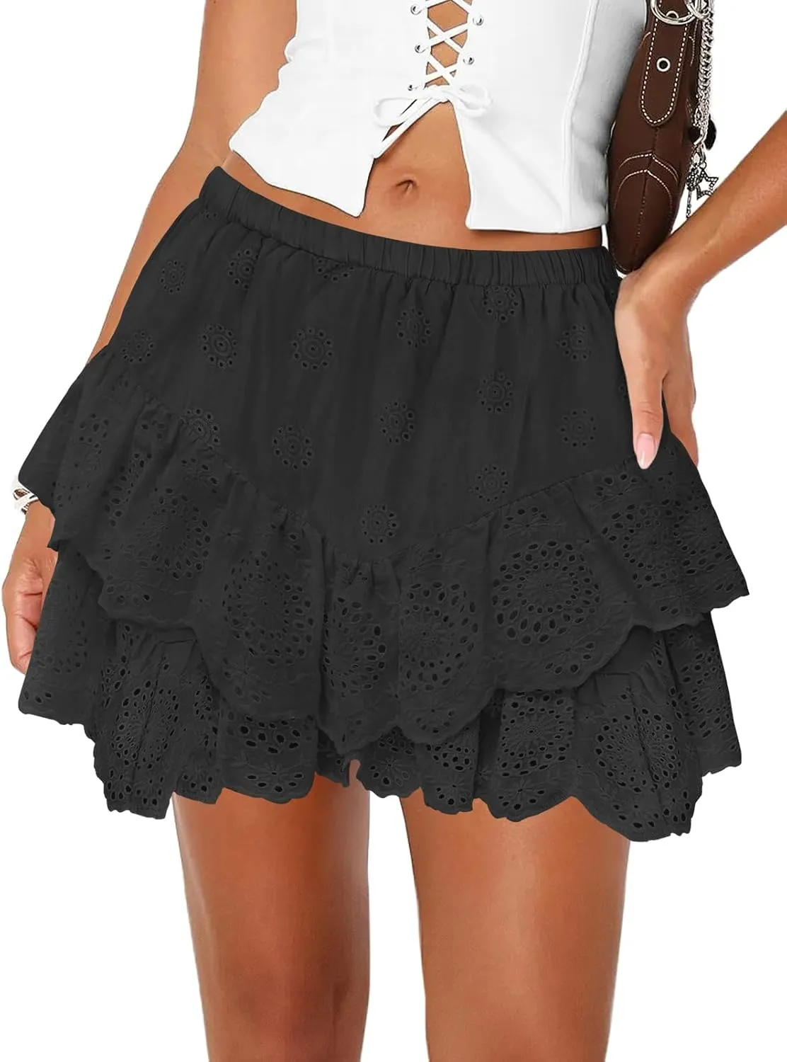 Women's Mini Skirts for Women High Waist Ruffle Skirt Smock Eyelet Solid A Line Summer Party Beach Short Skort