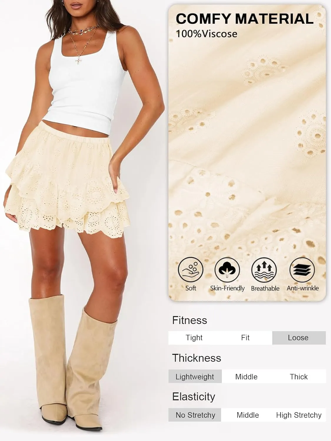 Women's Mini Skirts for Women High Waist Ruffle Skirt Smock Eyelet Solid A Line Summer Party Beach Short Skort
