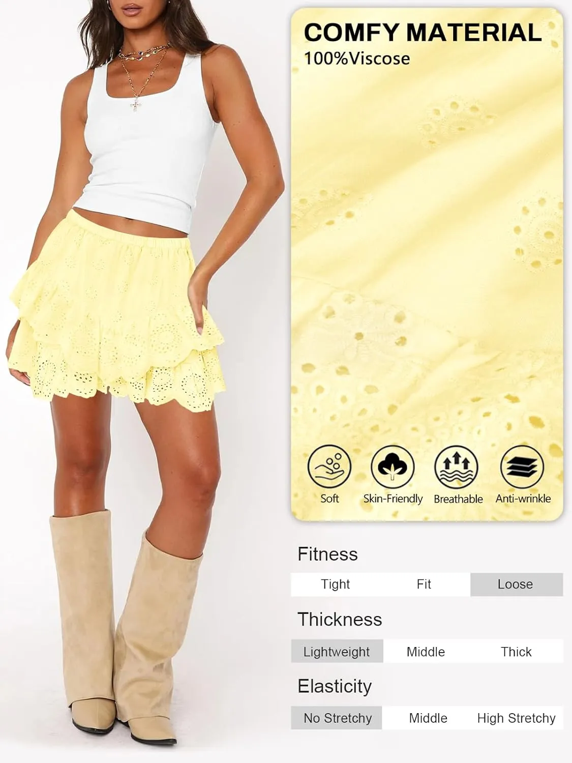 Women's Mini Skirts for Women High Waist Ruffle Skirt Smock Eyelet Solid A Line Summer Party Beach Short Skort