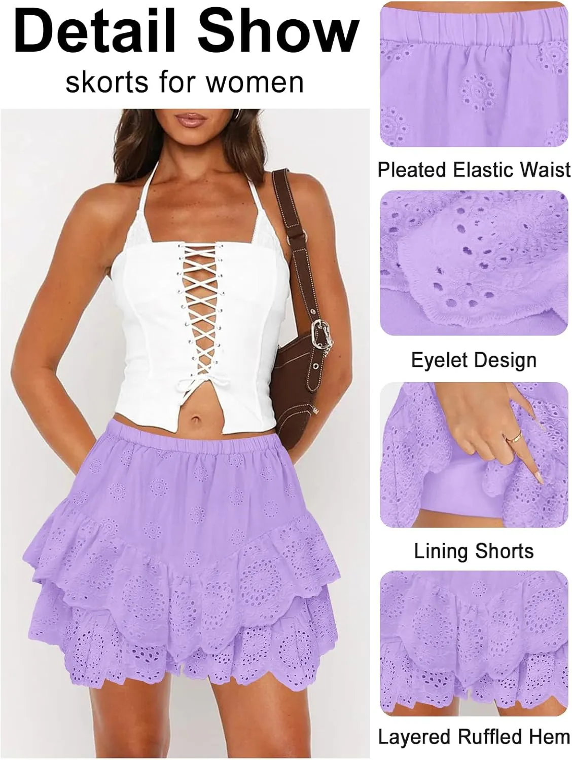 Women's Mini Skirts for Women High Waist Ruffle Skirt Smock Eyelet Solid A Line Summer Party Beach Short Skort