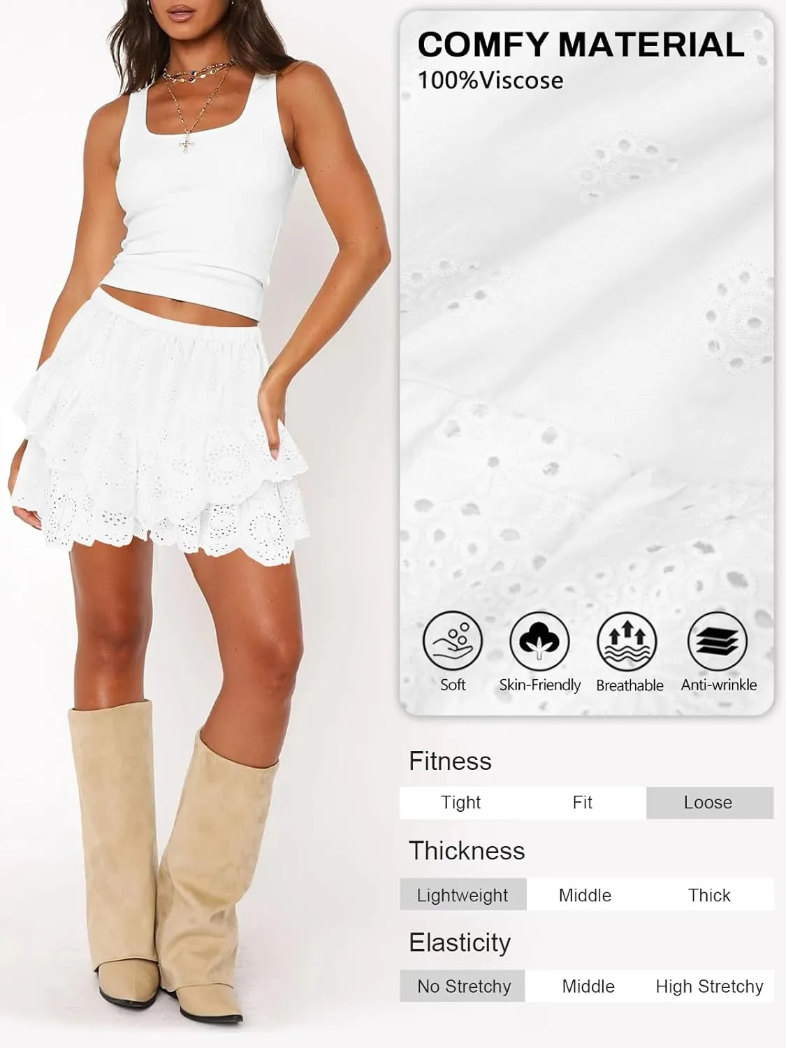 Women's Mini Skirts for Women High Waist Ruffle Skirt Smock Eyelet Solid A Line Summer Party Beach Short Skort