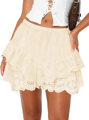 Women's Mini Skirts for Women High Waist Ruffle Skirt Smock Eyelet Solid A Line Summer Party Beach Short Skort