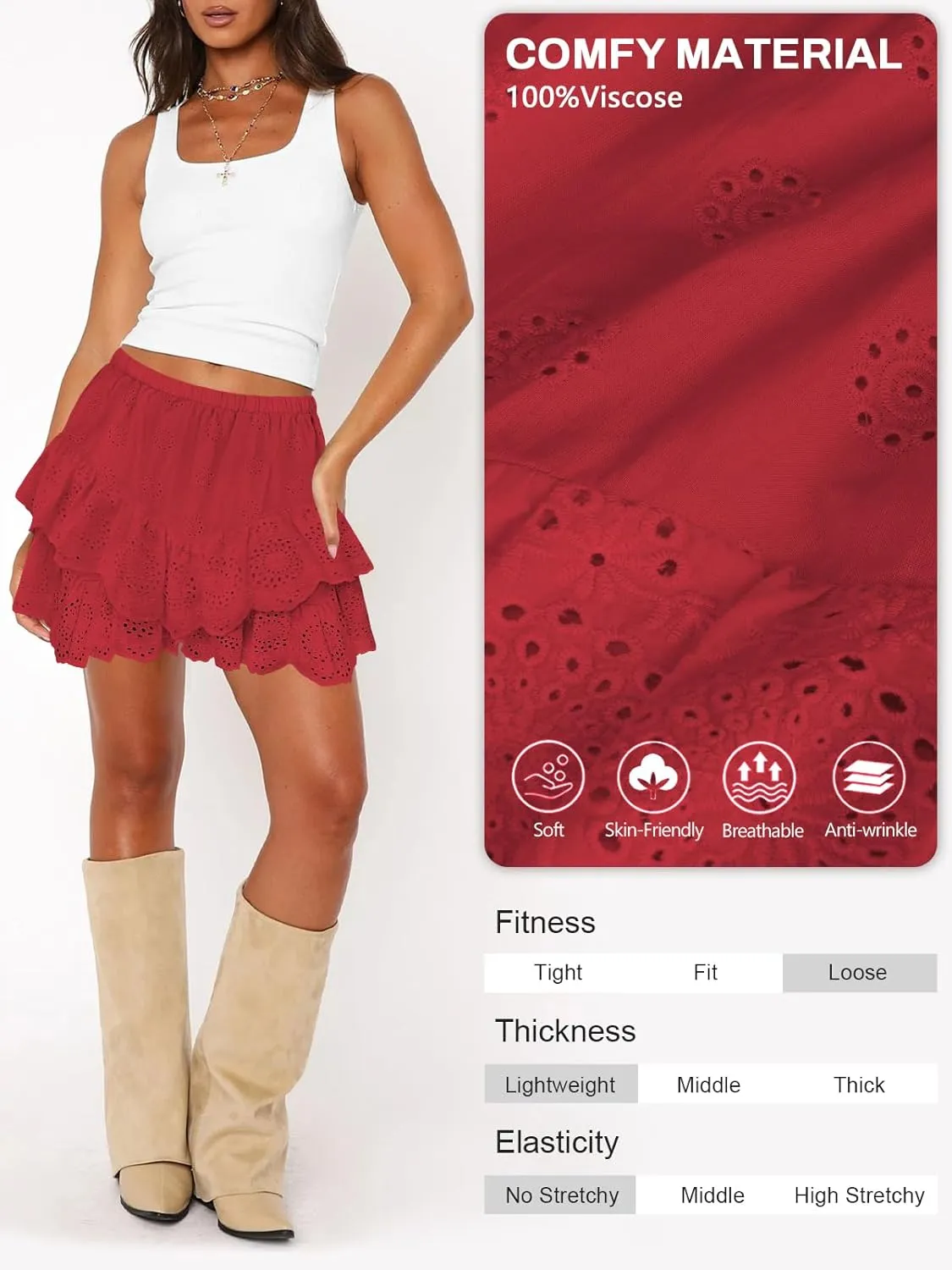 Women's Mini Skirts for Women High Waist Ruffle Skirt Smock Eyelet Solid A Line Summer Party Beach Short Skort