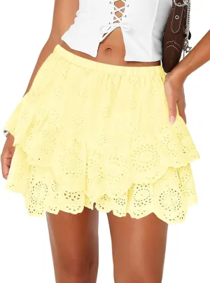 Women's Mini Skirts for Women High Waist Ruffle Skirt Smock Eyelet Solid A Line Summer Party Beach Short Skort