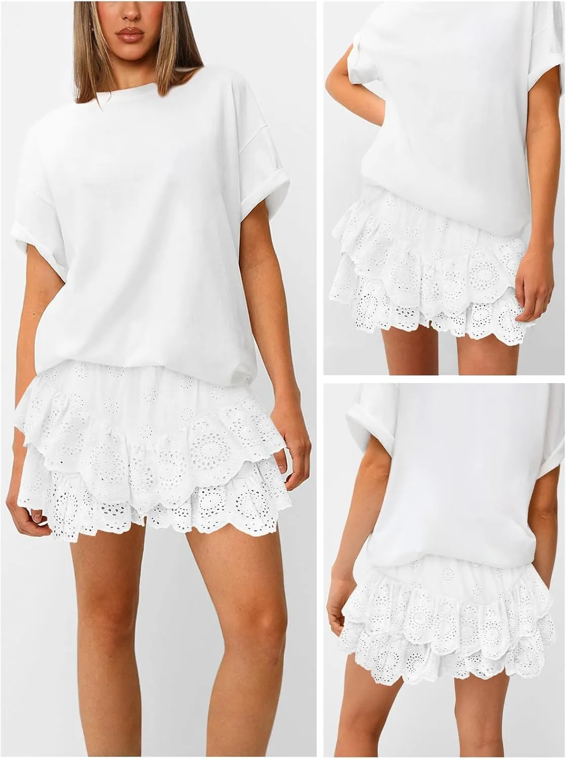Women's Mini Skirts for Women High Waist Ruffle Skirt Smock Eyelet Solid A Line Summer Party Beach Short Skort