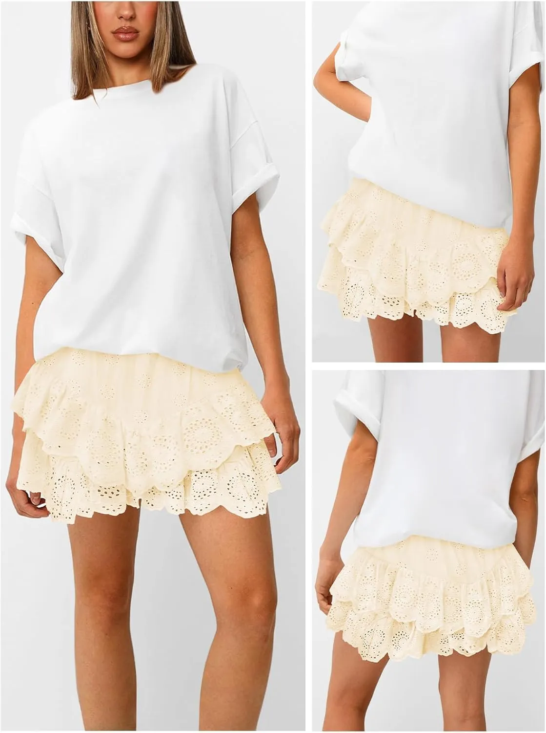 Women's Mini Skirts for Women High Waist Ruffle Skirt Smock Eyelet Solid A Line Summer Party Beach Short Skort