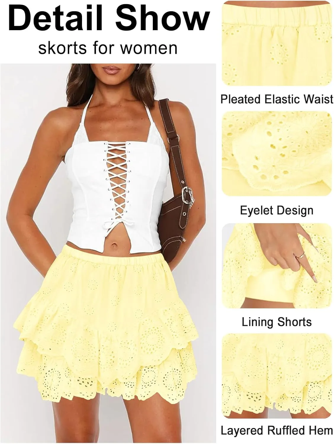 Women's Mini Skirts for Women High Waist Ruffle Skirt Smock Eyelet Solid A Line Summer Party Beach Short Skort