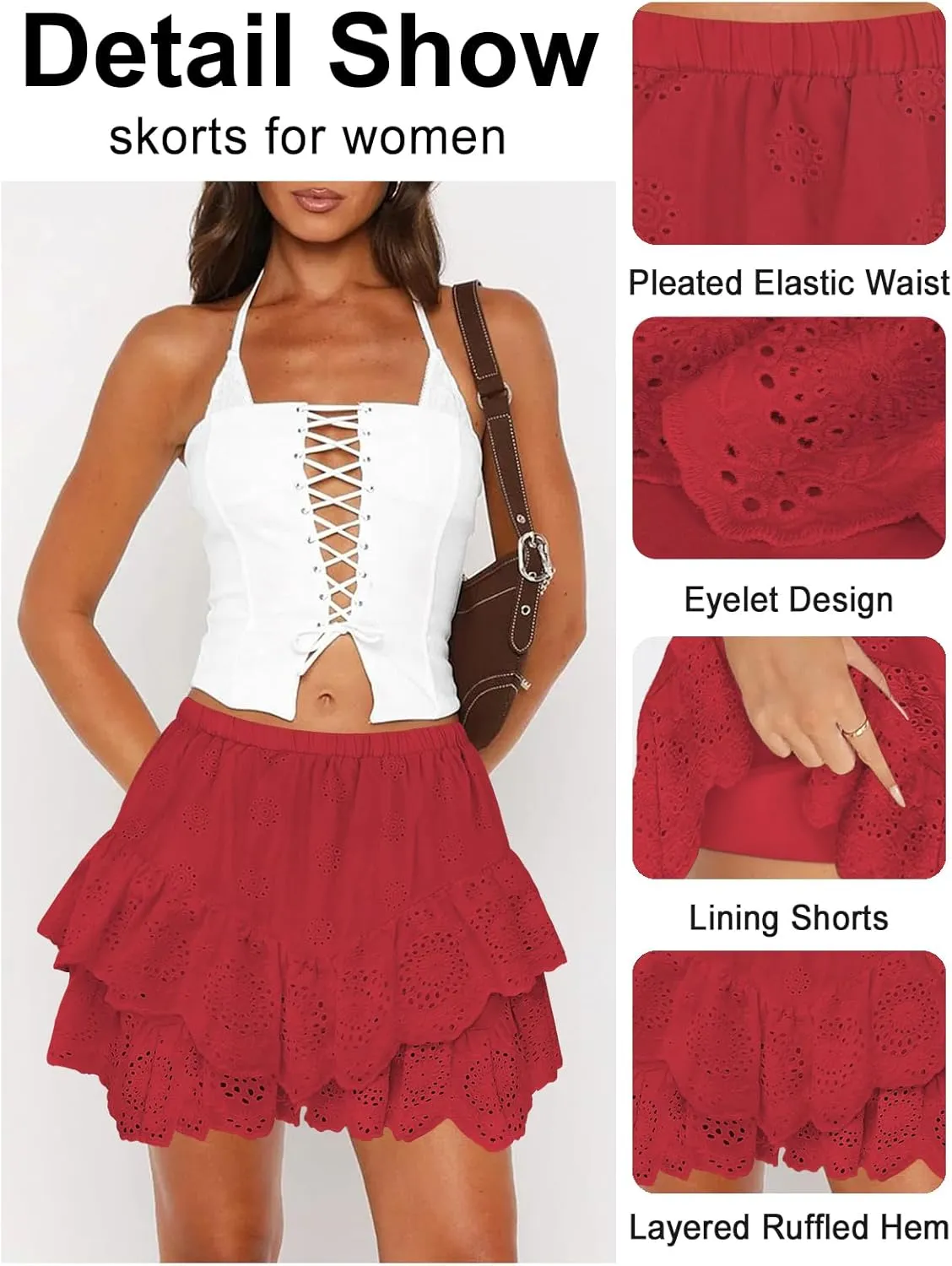 Women's Mini Skirts for Women High Waist Ruffle Skirt Smock Eyelet Solid A Line Summer Party Beach Short Skort