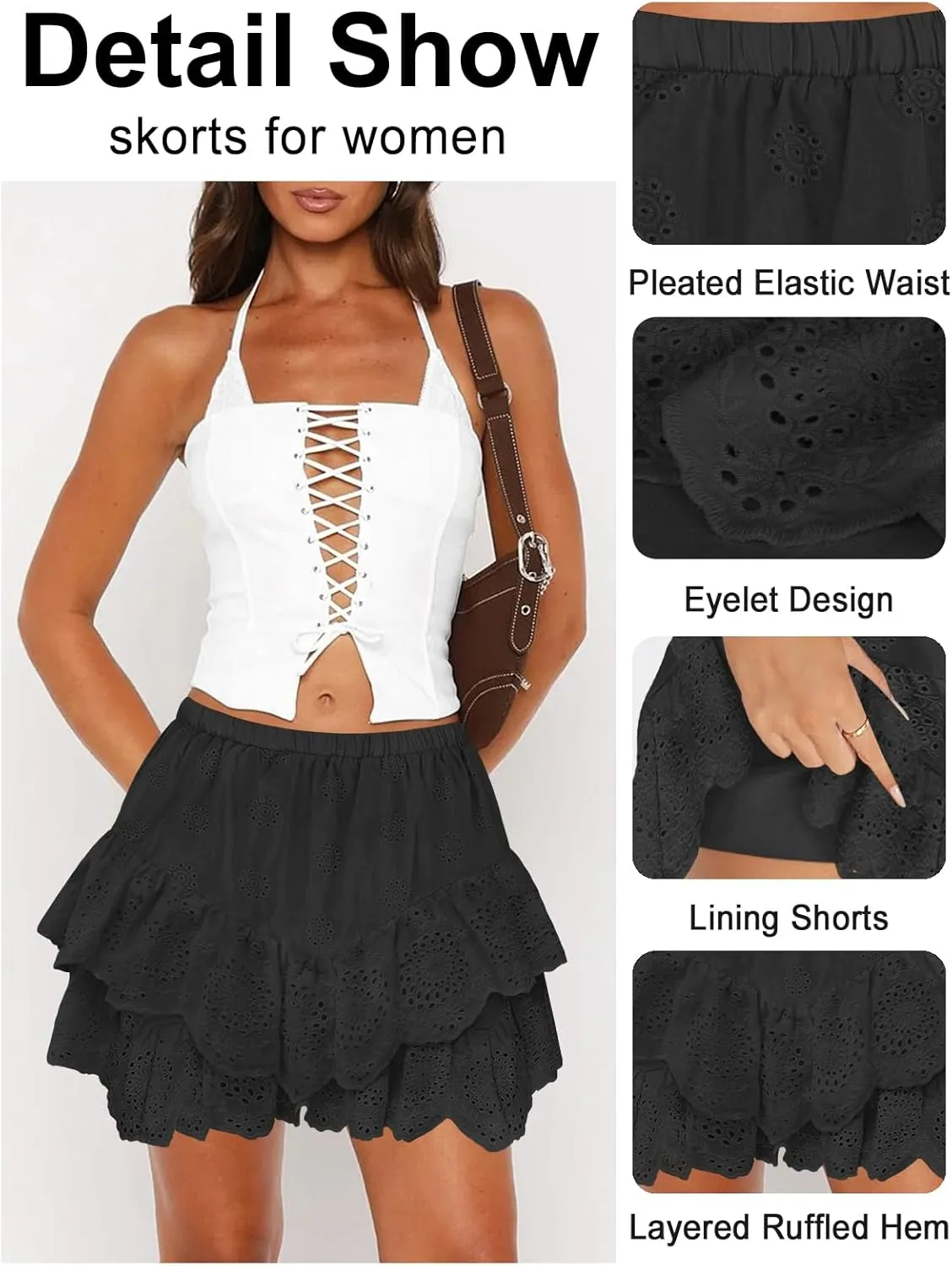 Women's Mini Skirts for Women High Waist Ruffle Skirt Smock Eyelet Solid A Line Summer Party Beach Short Skort