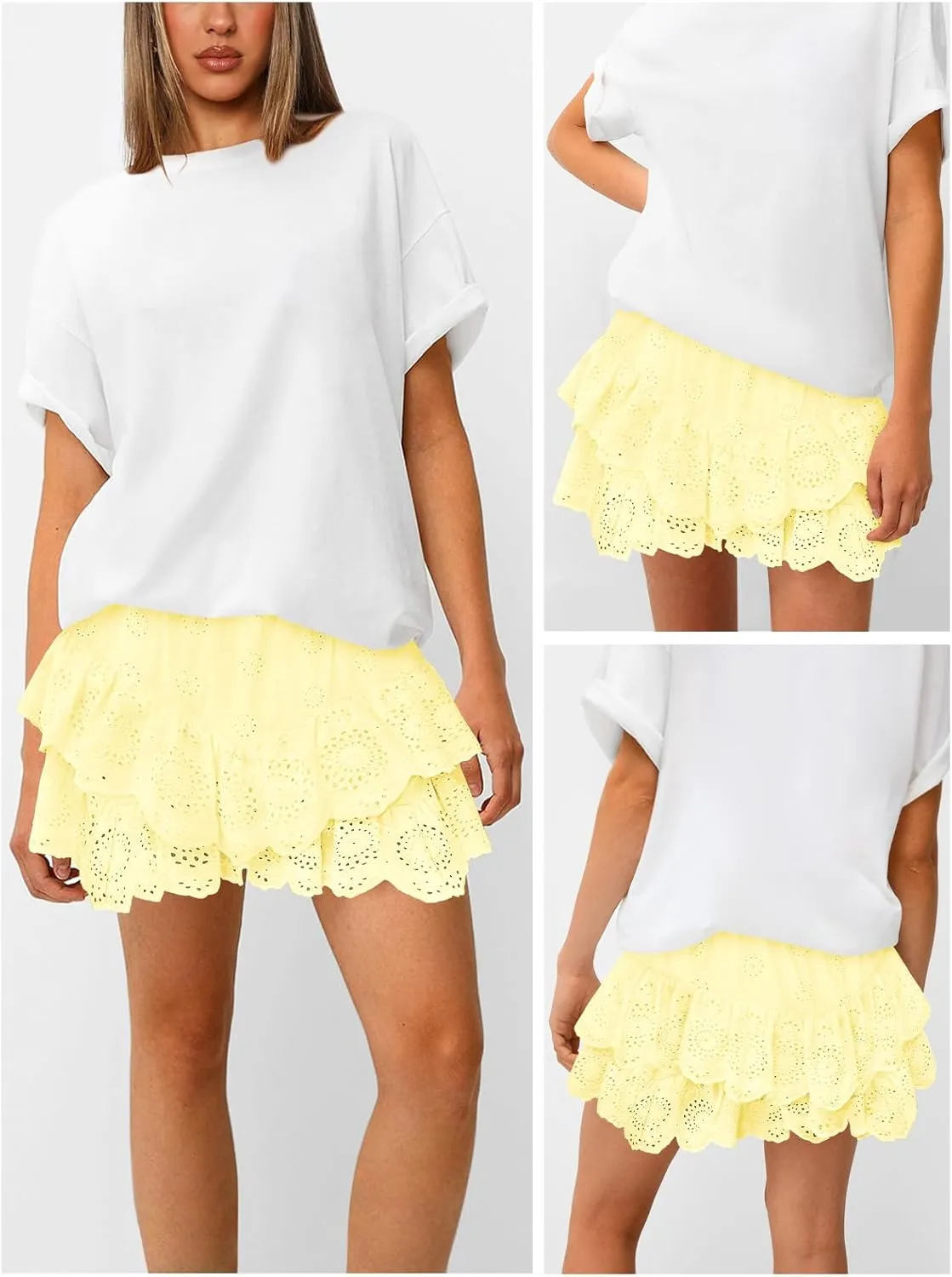 Women's Mini Skirts for Women High Waist Ruffle Skirt Smock Eyelet Solid A Line Summer Party Beach Short Skort
