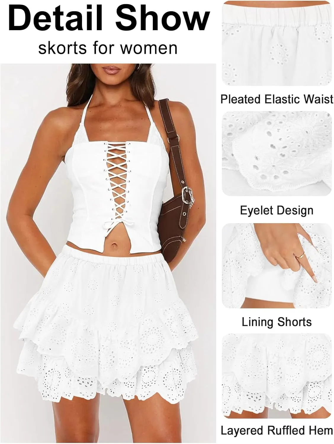 Women's Mini Skirts for Women High Waist Ruffle Skirt Smock Eyelet Solid A Line Summer Party Beach Short Skort
