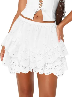 Women's Mini Skirts for Women High Waist Ruffle Skirt Smock Eyelet Solid A Line Summer Party Beach Short Skort