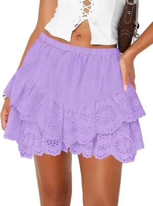 Women's Mini Skirts for Women High Waist Ruffle Skirt Smock Eyelet Solid A Line Summer Party Beach Short Skort
