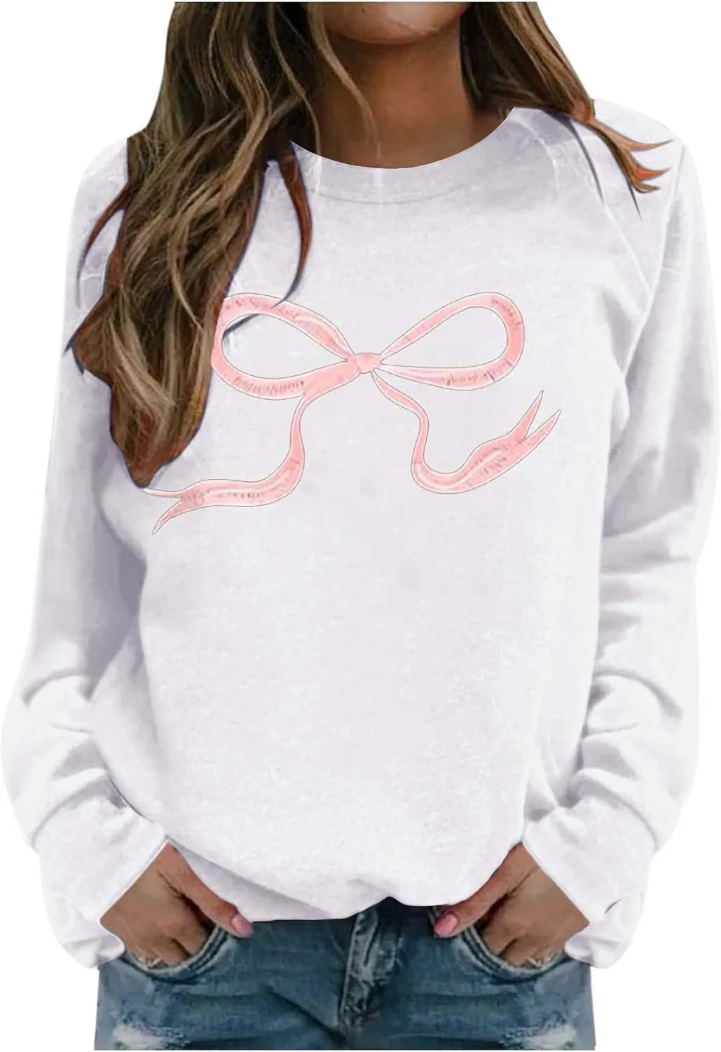 Womens Oversized Crewneck Sweatshirt Hoodies Women Cute Bow Graphic Sweatshirts Long Sleeve Fleece Pullover Bow Sweater Y2k