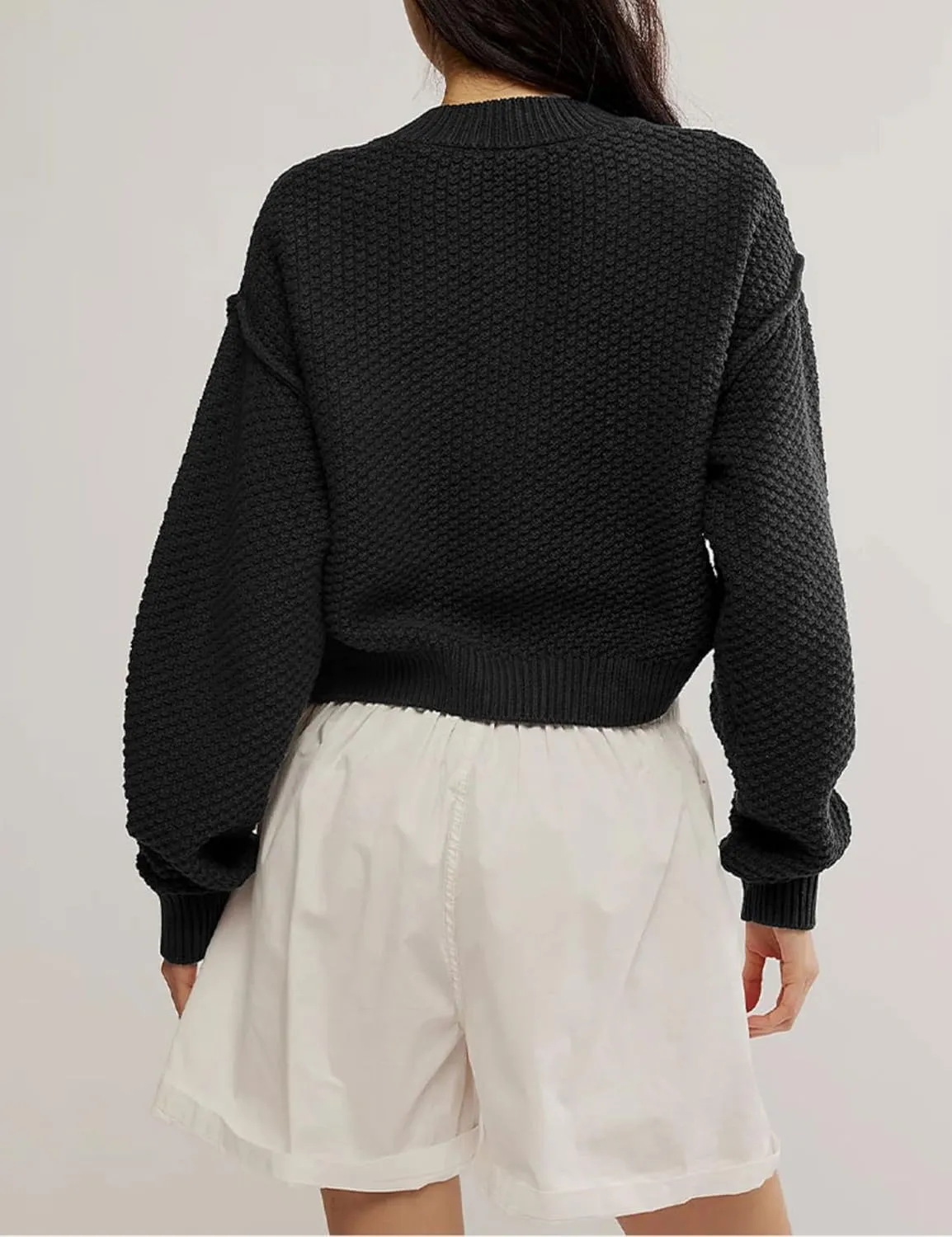 Women's Oversized Cropped Cardigan Sweater Open Front Long Sleeve Button Down Knit Outwear