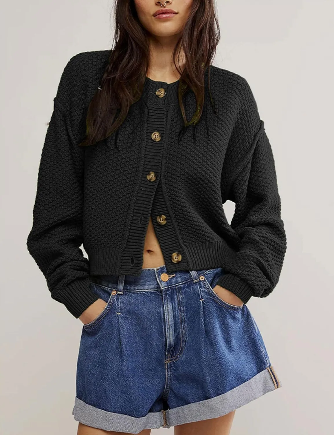 Women's Oversized Cropped Cardigan Sweater Open Front Long Sleeve Button Down Knit Outwear