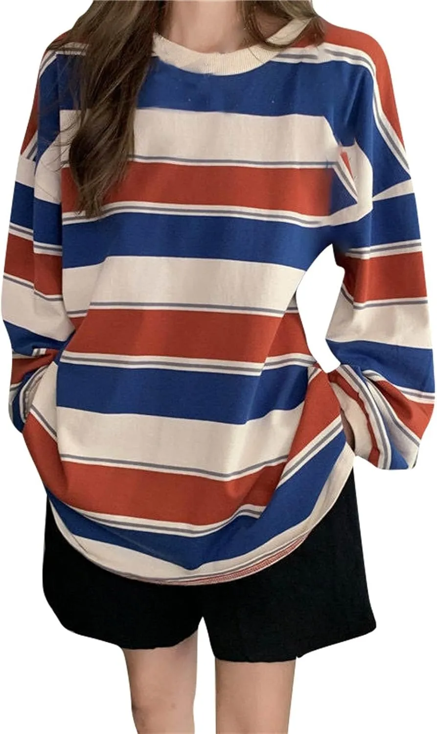 Womens Oversized Sweatshirts Harajuku Baggy Shirts Grunge Tomboy Clothes Stripe Casual Long Sleeve Crewneck Fall Tops