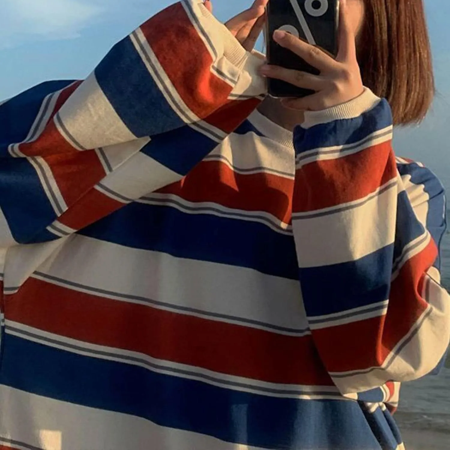 Womens Oversized Sweatshirts Harajuku Baggy Shirts Grunge Tomboy Clothes Stripe Casual Long Sleeve Crewneck Fall Tops