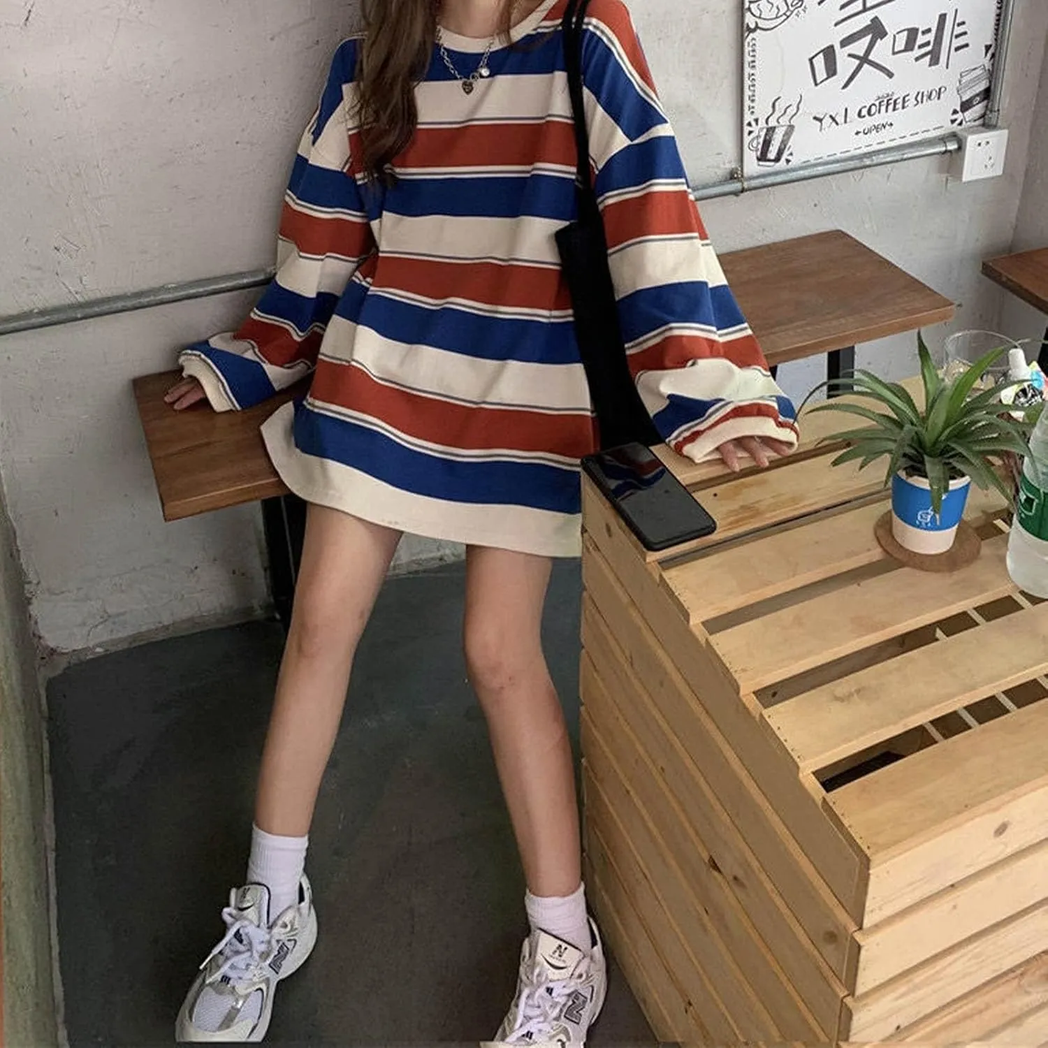 Womens Oversized Sweatshirts Harajuku Baggy Shirts Grunge Tomboy Clothes Stripe Casual Long Sleeve Crewneck Fall Tops