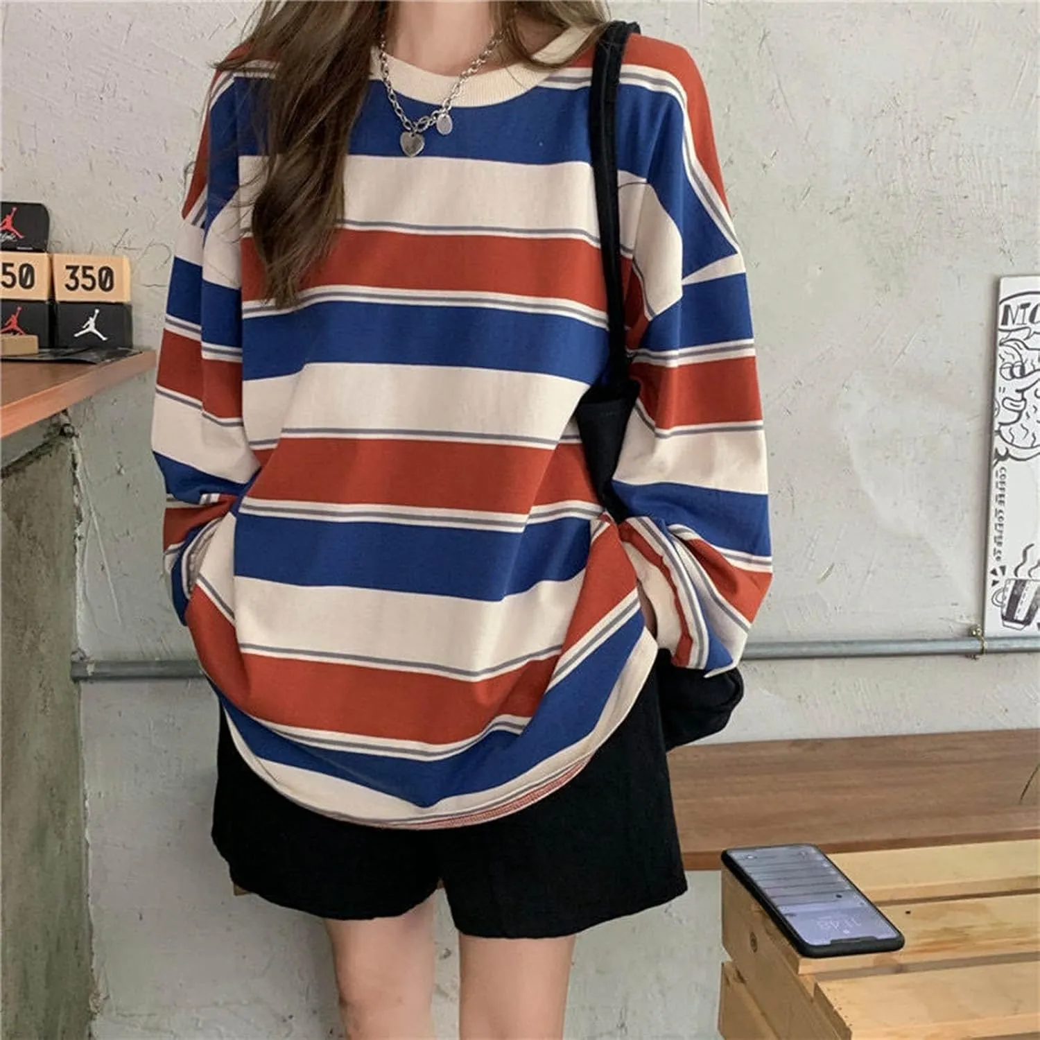 Womens Oversized Sweatshirts Harajuku Baggy Shirts Grunge Tomboy Clothes Stripe Casual Long Sleeve Crewneck Fall Tops